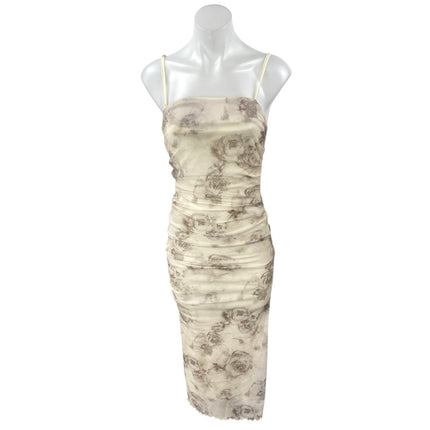 NEW Commense Cream Floral Ruched Sleeveless Cami Camsole Bodycon Tank Dress S