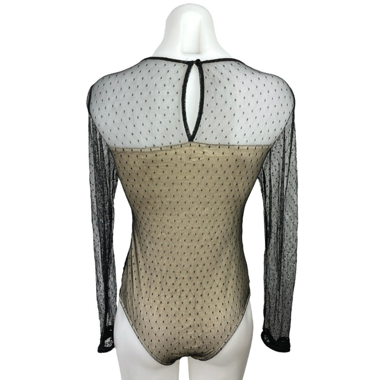 Willow & Clay Black Cream Mesh Lined Embroidery Lace Long Sleeve Bodysuit Top XS