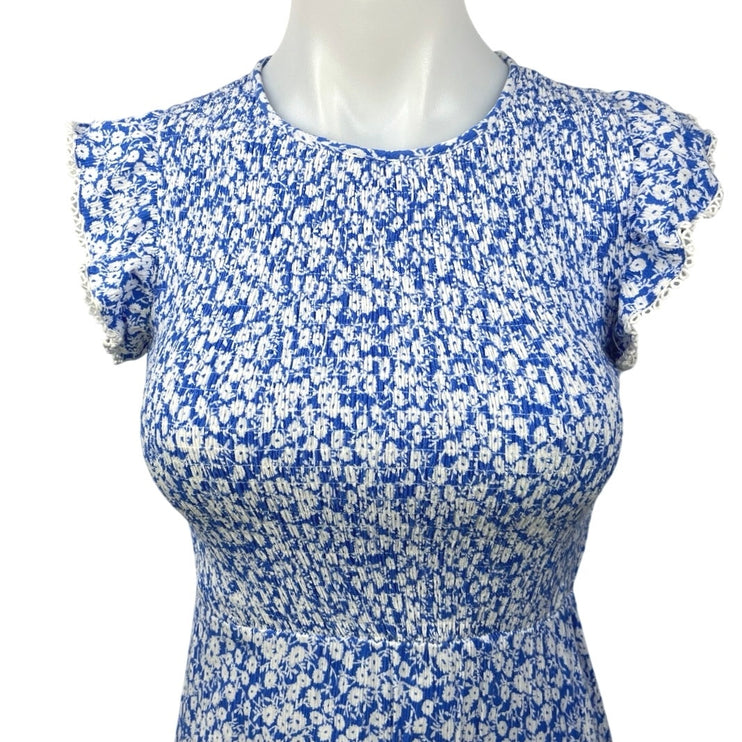 Lost + Wander Blue White Floral Smocked Ruffle Crew A Line Midi Dress Size XS