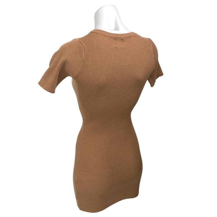 Princess Polly Brown Ribbed Knit Short Sleeve Henley Mini Bodycon Dress Size 4