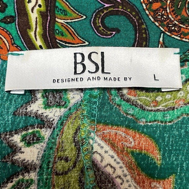 BSL Women's Green Paisley Floral Long Sleeve Button Up Pants 2 Piece Set Size L