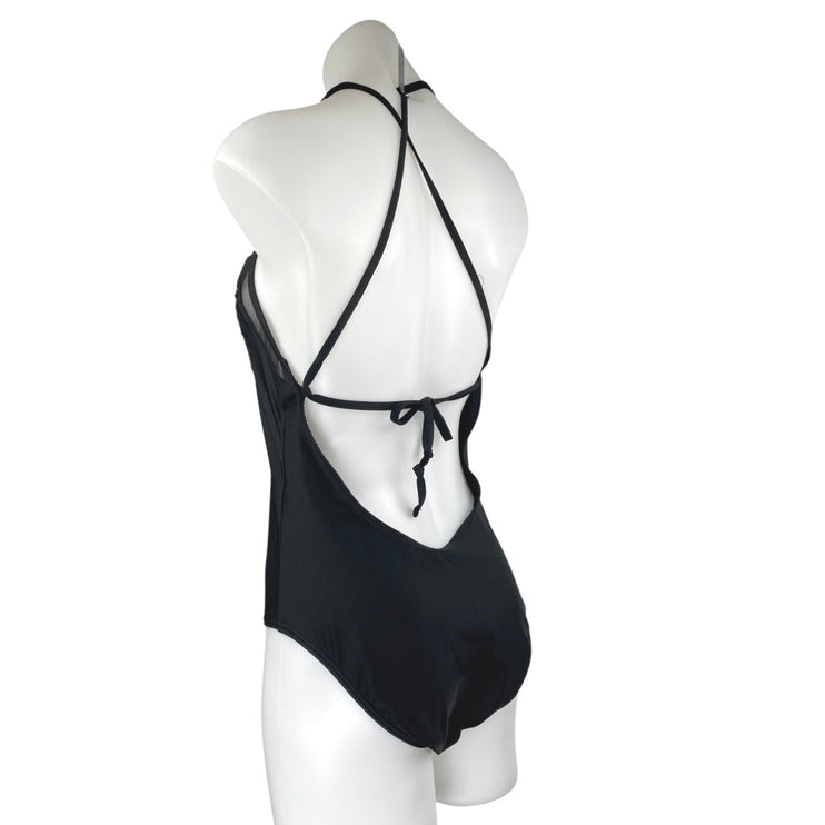Xhilaration Black Floral Embroidered Mesh Strappy One Piece Swimsuit Swimwear M