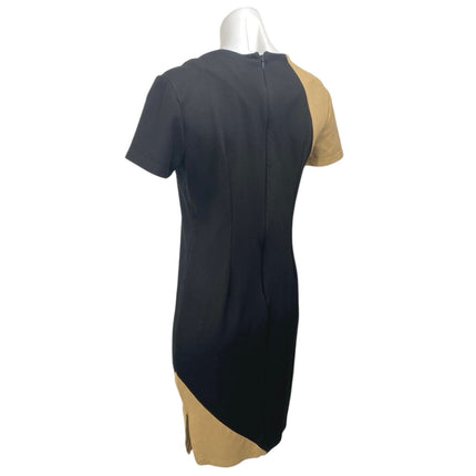 Numari Black Beige Tan Short Sleeve Colorblock Slit Pleated Mini Sheath Dress M