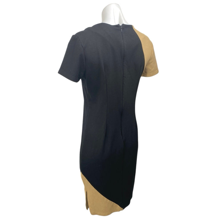 Numari Black Beige Tan Short Sleeve Colorblock Slit Pleated Mini Sheath Dress M
