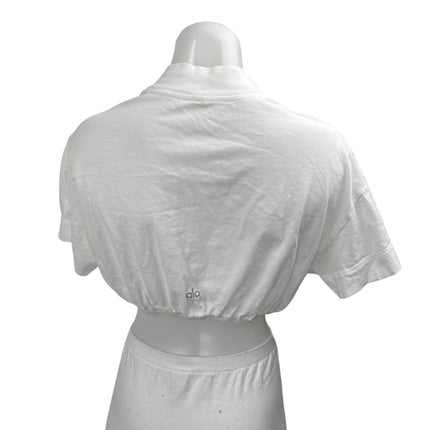 Alo Yoga Kick It White Mock Neck Cinched Waist Short Sleeve Crop Tee Top Size S