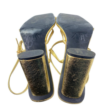 Zara Women's Gold Metallic Open Square Toe Sling Back Block High Heels Sandals 9