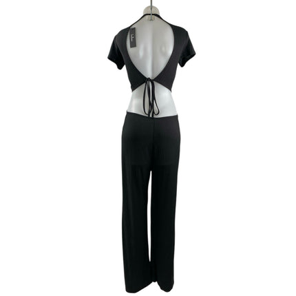 NEW Lulus Women's Black Rib Knit Cutout Open Back Flared Romper Jumpsuit Size M
