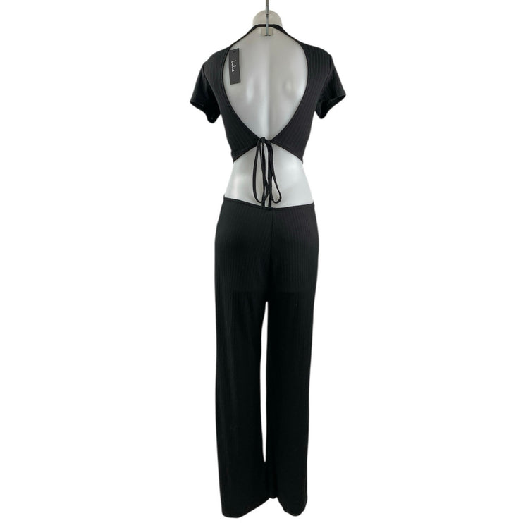 NEW Lulus Women's Black Rib Knit Cutout Open Back Flared Romper Jumpsuit Size M