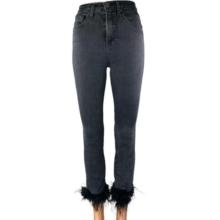 Veronica Beard Kareena Black Feather Trim High Rise Skinny Denim Jeans Pants 25