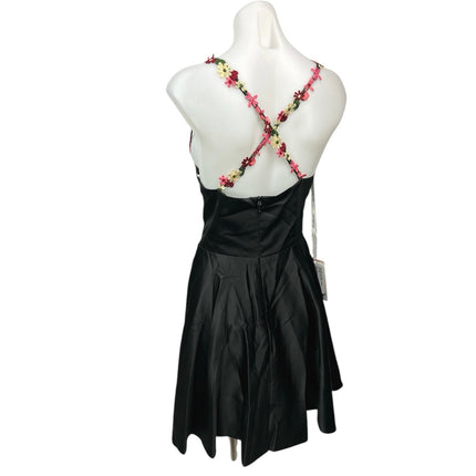 NEW JJ's House Black Silk Satin Floral Embroidered Mini Fit & Flare Dress Sz 10