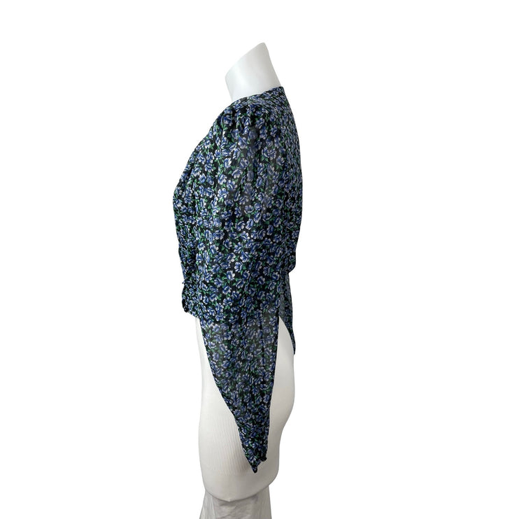Zara Women's Blue Floral Long Puff Sleeve V Neck Faux Wrap Cropped Blouse Top XS