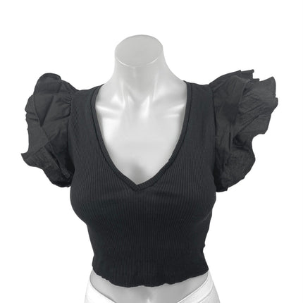Zara Black Rib Knit Short Flutter Ruffle Sleeve V-Neck Slim Crop Blouse Top S