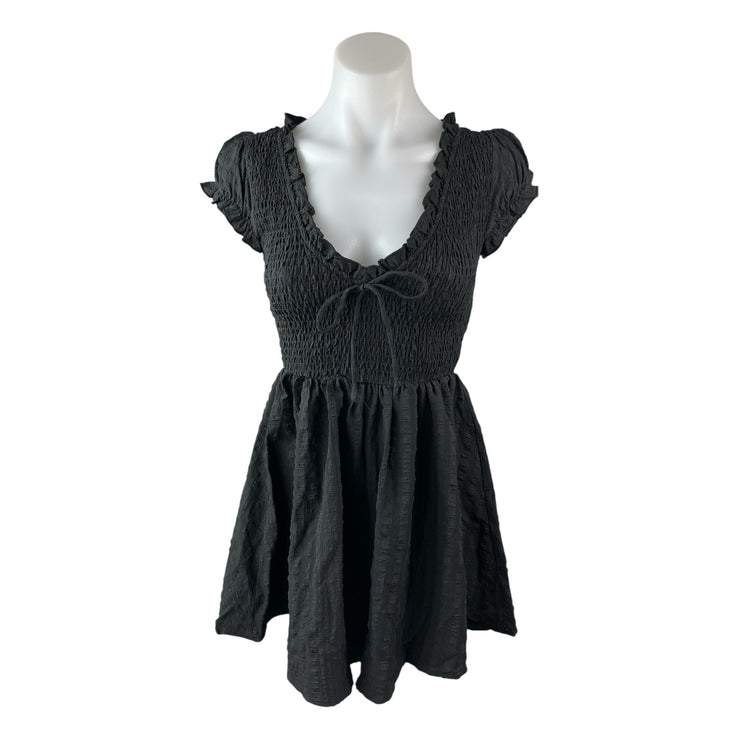 Princess Polly Black Smocked Ruffle Scoop Pleated Short Sleeve Romper Shorts 0