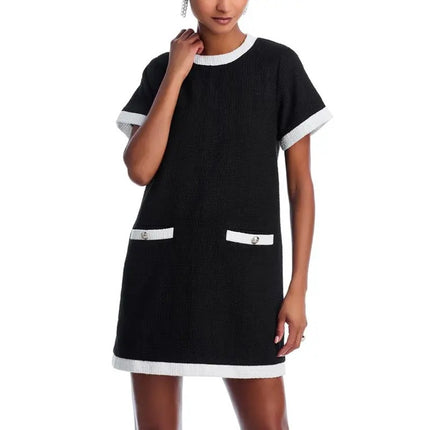 Aqua Black White Tweed Short Sleeve Crew Neck Zip T Shirt Mini Shift Dress Sz M