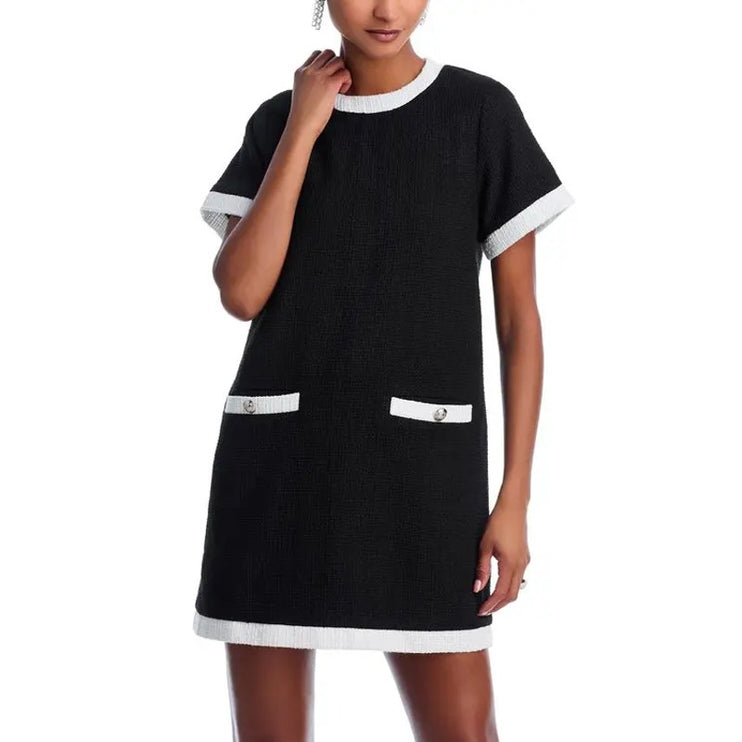 Aqua Black White Tweed Short Sleeve Crew Neck Zip T Shirt Mini Shift Dress Sz M