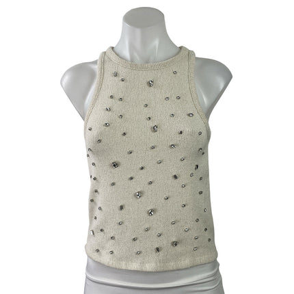 Zara Women Beige Knit Embellished Rhinestone Beaded Sleeveless Tank Top Size S