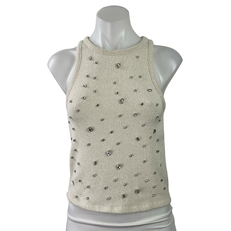 Zara Women Beige Knit Embellished Rhinestone Beaded Sleeveless Tank Top Size S