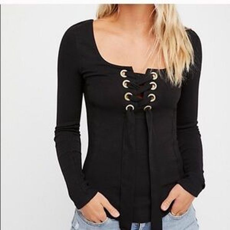 Free People Looking Back Black Long Sleeve Lace Up Blouse T Shirt Top Size XS