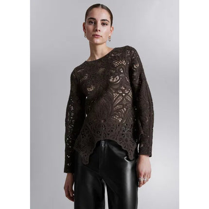 & Other Stories Women Brown Crochet Lace Open Sheer Peplum Knit Blouse Top Sz S