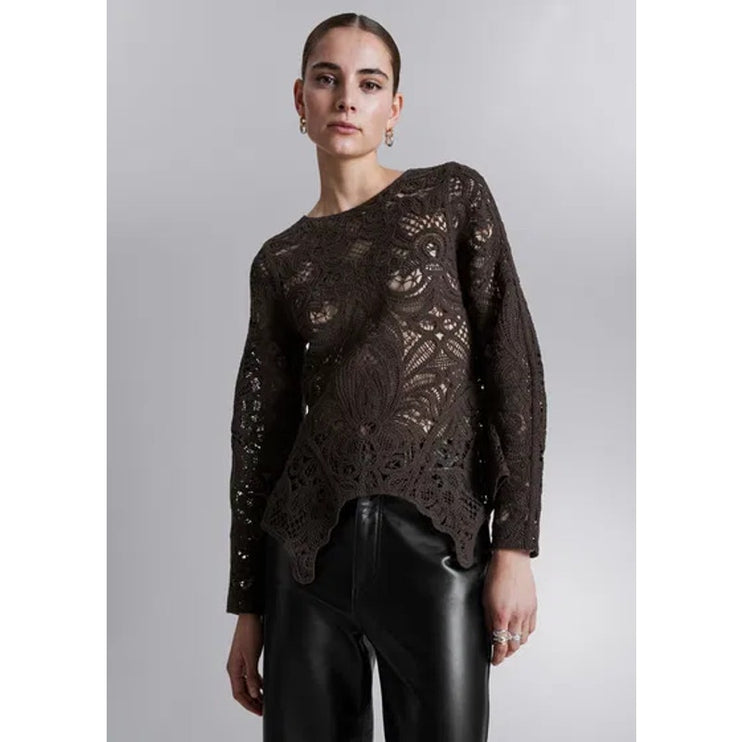 & Other Stories Women Brown Crochet Lace Open Sheer Peplum Knit Blouse Top Sz S