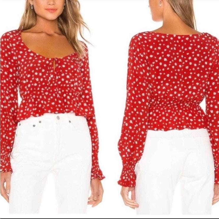 NEW Privacy Please Red Floral Long Sleeve Scoop Peplum Blouse Crop Top Size XS