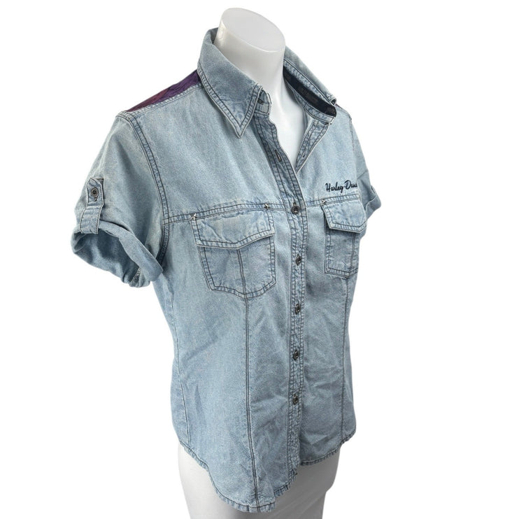Harley Davidson Women's Upcycled Short Sleeve Graphic Print Denim Jean Shirt Top