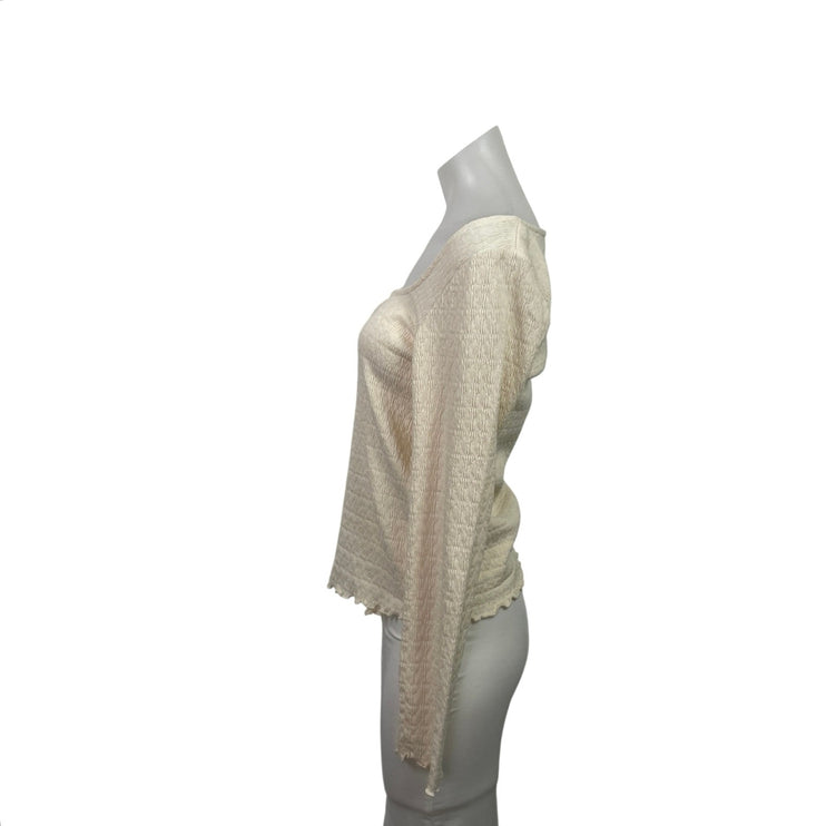 MNG Mango Cream Long Sleeve Textured Lettuce Edge Square Neck Blouse Top Size L