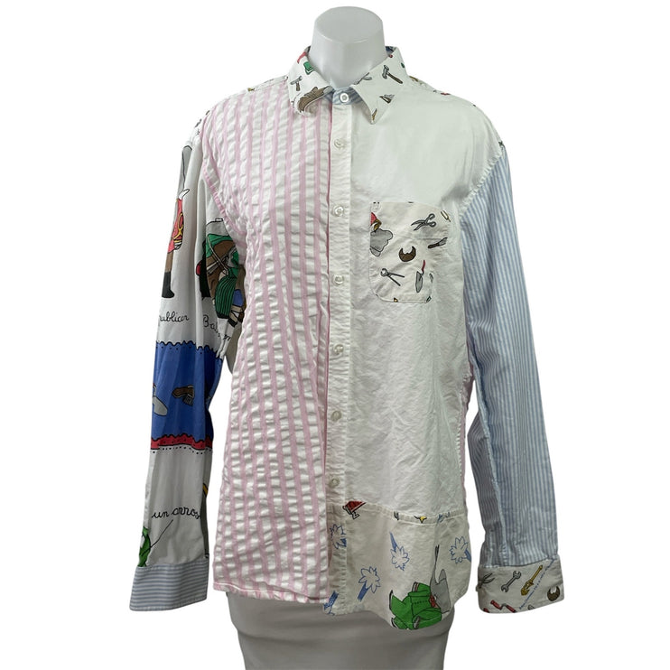 Outsiders Division Women Striped Graphic Patchwork Long Sleeve Button Up Shirt L
