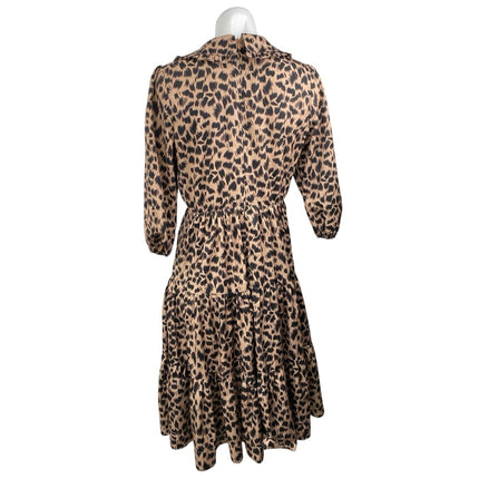 Lilac Brown Leopard Animal Print Collared Puff 3/4 Sleeve A-Line Midi Dress XS