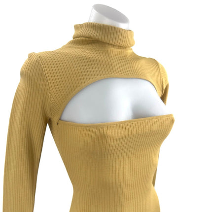 NEW Superdown Tasha Toast Beige Rib Knit Cutout Turtleneck Mini Bodycon Dress S