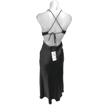NEW Zara Black Silk Satin Sleeveless Cutout V Neck Strappy Midi Slip Dress Sz XS