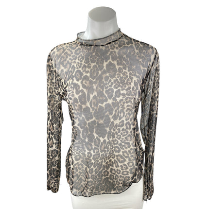 Boohoo Women's Beige Leopard Mesh Sheer Mock Neck Long Sleeve Blouse Top Size M