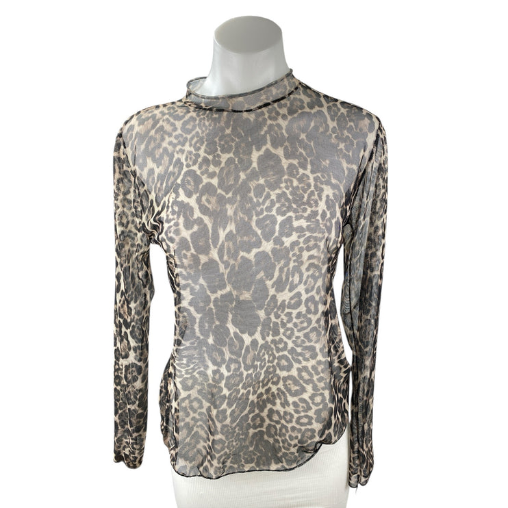 Boohoo Women's Beige Leopard Mesh Sheer Mock Neck Long Sleeve Blouse Top Size M