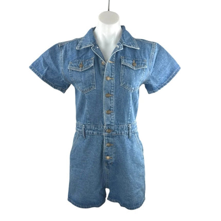 NEW Lioness Women Blue Short Sleeve Button Up Utility Denim Jean Romper Shorts M