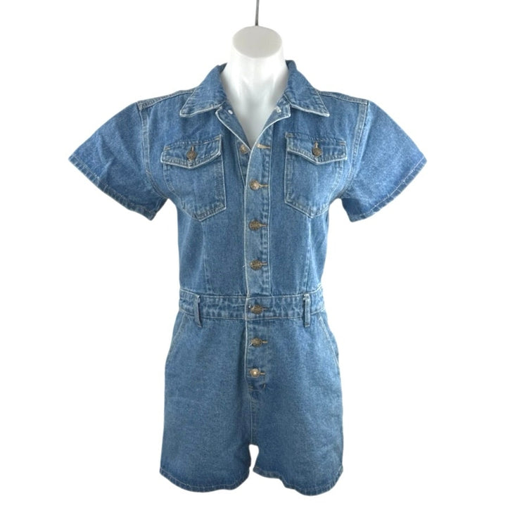 NEW Lioness Women Blue Short Sleeve Button Up Utility Denim Jean Romper Shorts M