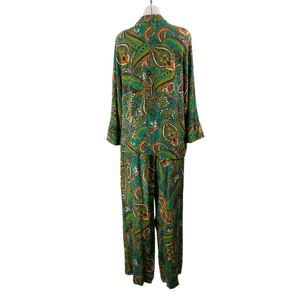 BSL Women's Green Paisley Floral Long Sleeve Button Up Pants 2 Piece Set Size L