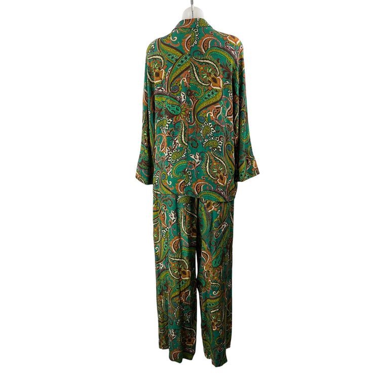 BSL Women's Green Paisley Floral Long Sleeve Button Up Pants 2 Piece Set Size L
