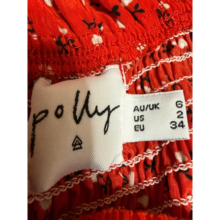 Polly Red Floral Short Puff Sleeve Tie Front Ruffle Mini Bodycon Dress Size 6