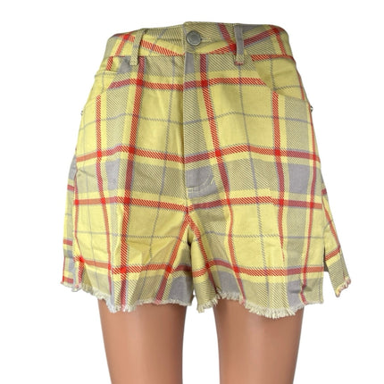 Weworewhat Women's Yellow Red Plaid High Rise Raw Hem Denim Jean Shorts Size 24