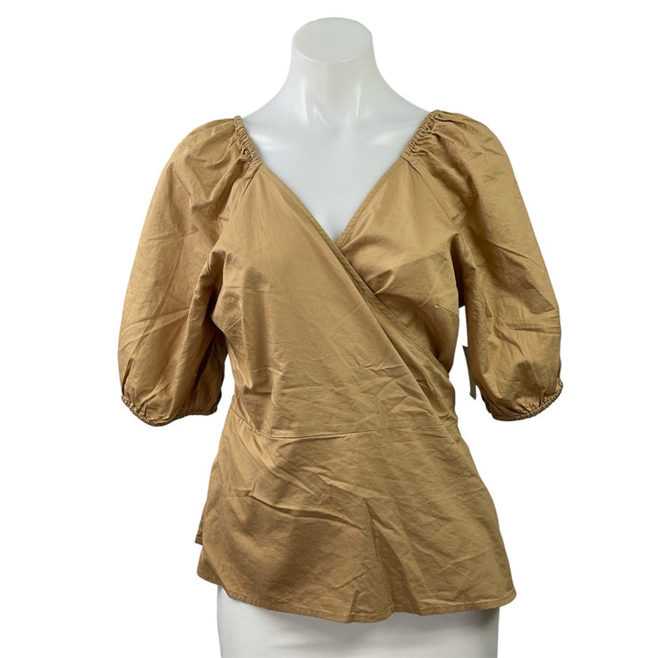 NEW Old Navy Brown Short Puff-Sleeve Smocked Back V-neck Wrap Tie Blouse Top L