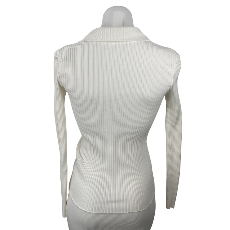 Zara Women's White Ribbed Knit Long Sleeve V Neck Polo Shirt Blouse Top Size M