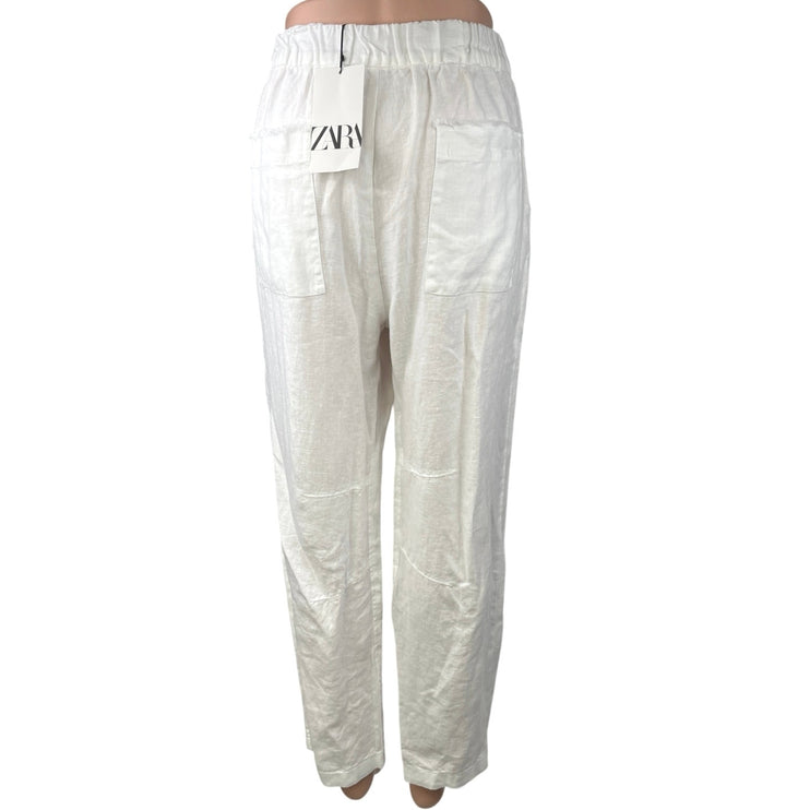 NEW Zara White 100% Linen High Waist Drawstring Wide Leg Trouser Casual Pants M