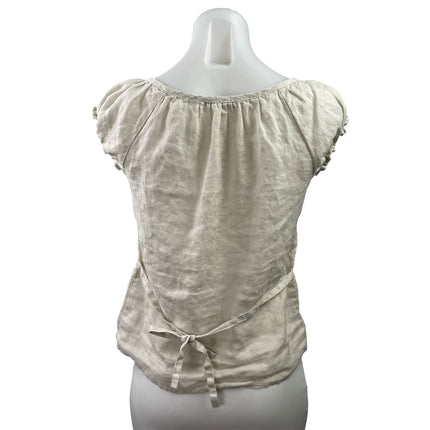Brandy Melville Beige 100% Linen Short Sleeve Tie Back Henley Blouse Top Size M