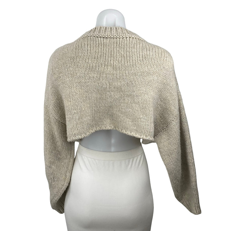 MNG Mango Beige Ribbed Knit Long Sleeve Mock Neck Cropped Sweater Top Size S