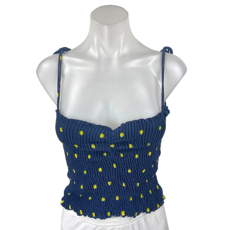 Zara Blue Yellow Polka Dots Knit Sleeveless Cami Camisole Tank Crop Top Size L