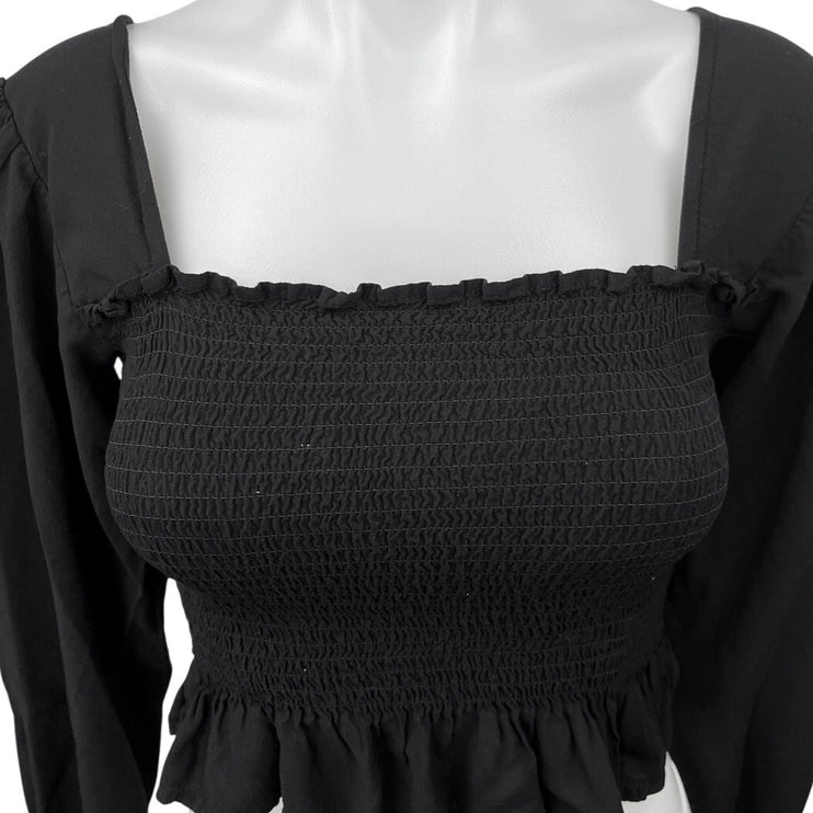 Nordstrom BP Black Smocked Ruffle Balloon Sleeve Square Neck Crop Blouse Top XXS