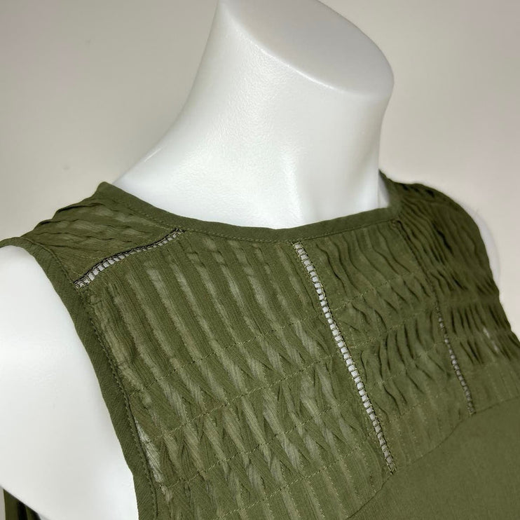 Banana Republic Army Green Ruched Pintuck Bateau Sleeveless Blouse Top Size S