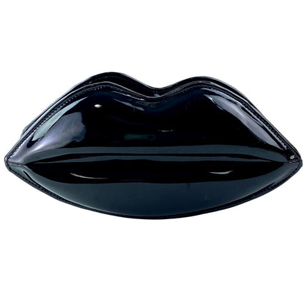 Black Patent Faux Leather Vegan Zip Chain Crossbody Lip Purse Clutch Bag OS