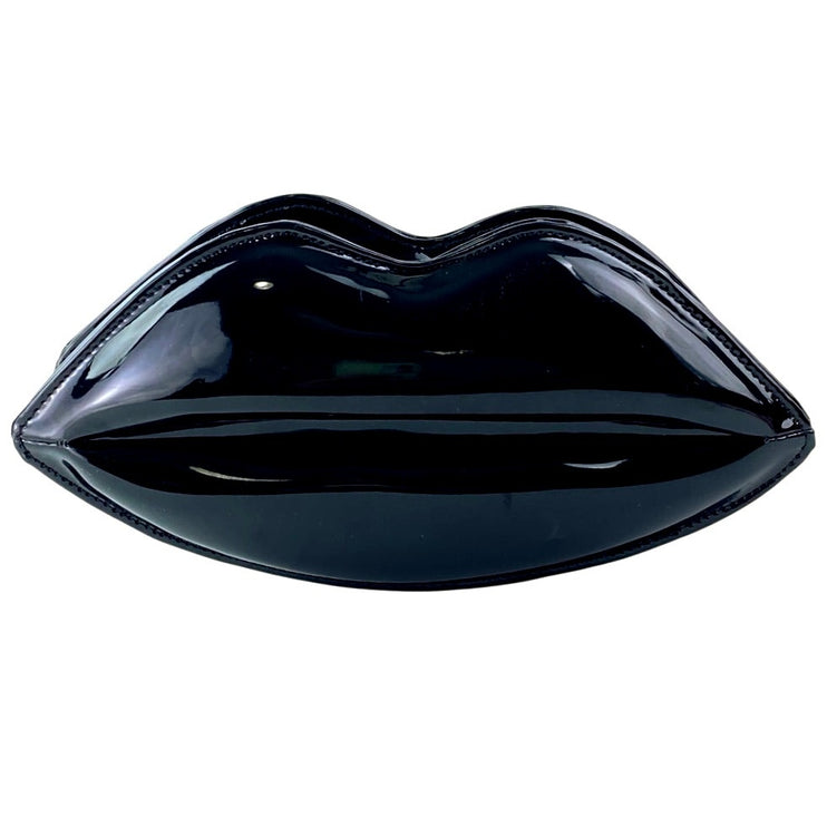 Black Patent Faux Leather Vegan Zip Chain Crossbody Lip Purse Clutch Bag OS