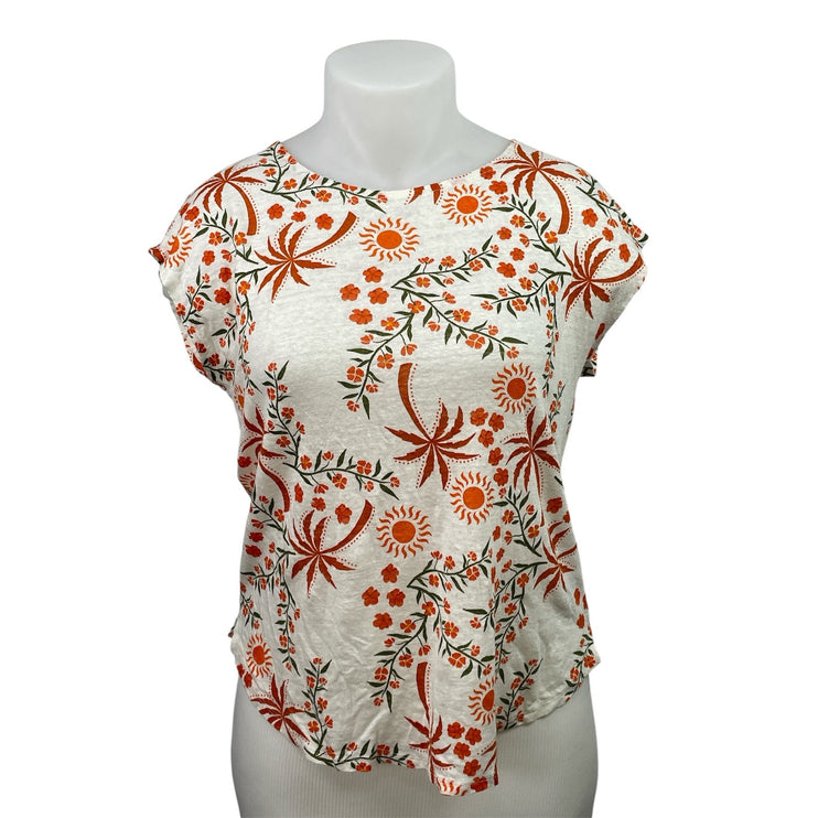 C&C California 100% Linen Women's Multicolor Floral Short Sleeve Blouse Top XL